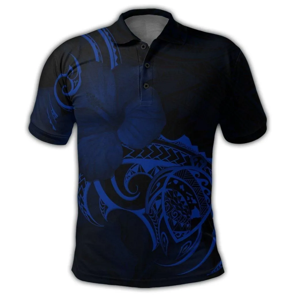 Hawaii Map Turtle Hibiscus Divise Polynesian Polo Shirt Blue