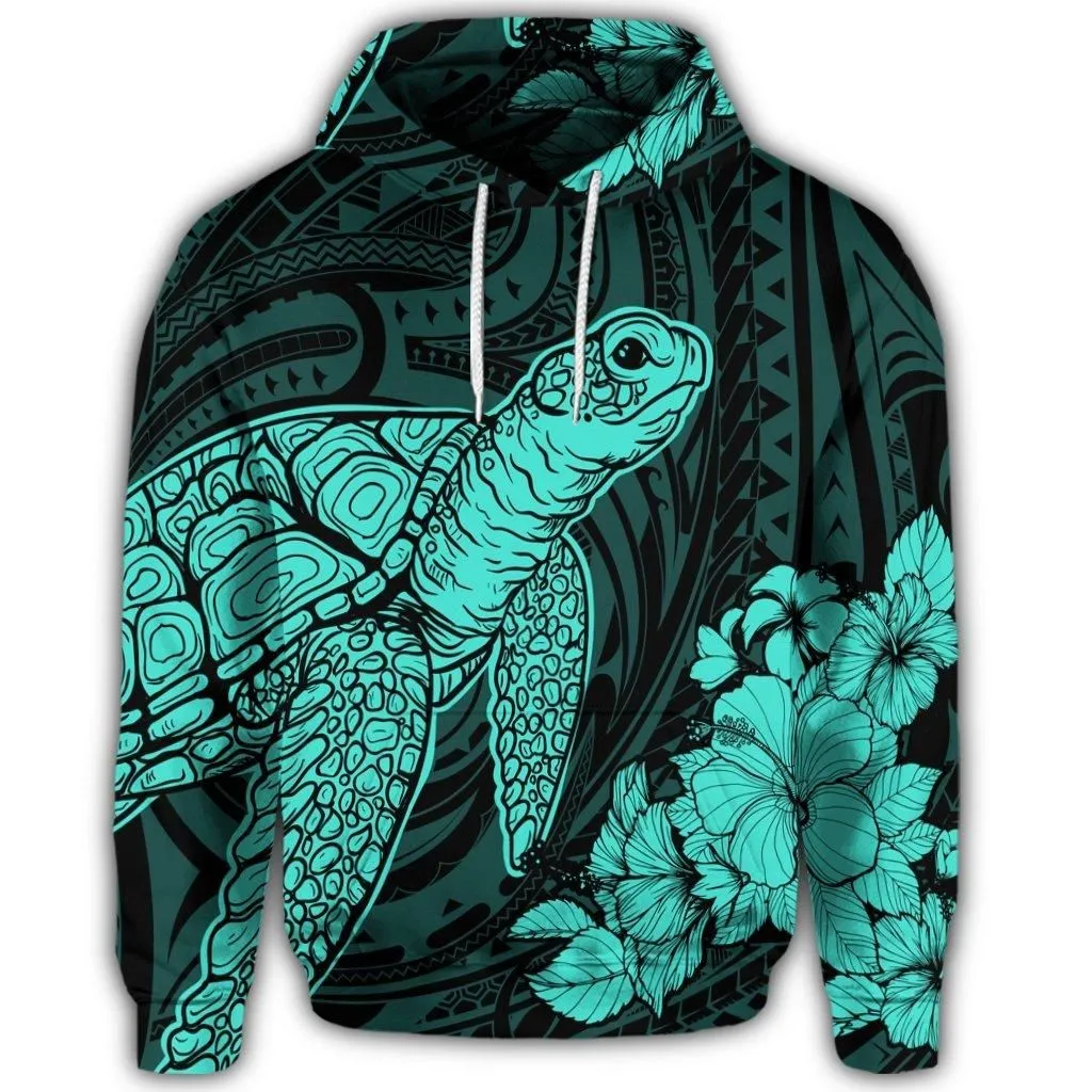 Hawaiian Hibiscus Memory Turtle Polynesian Hoodie Turquoise