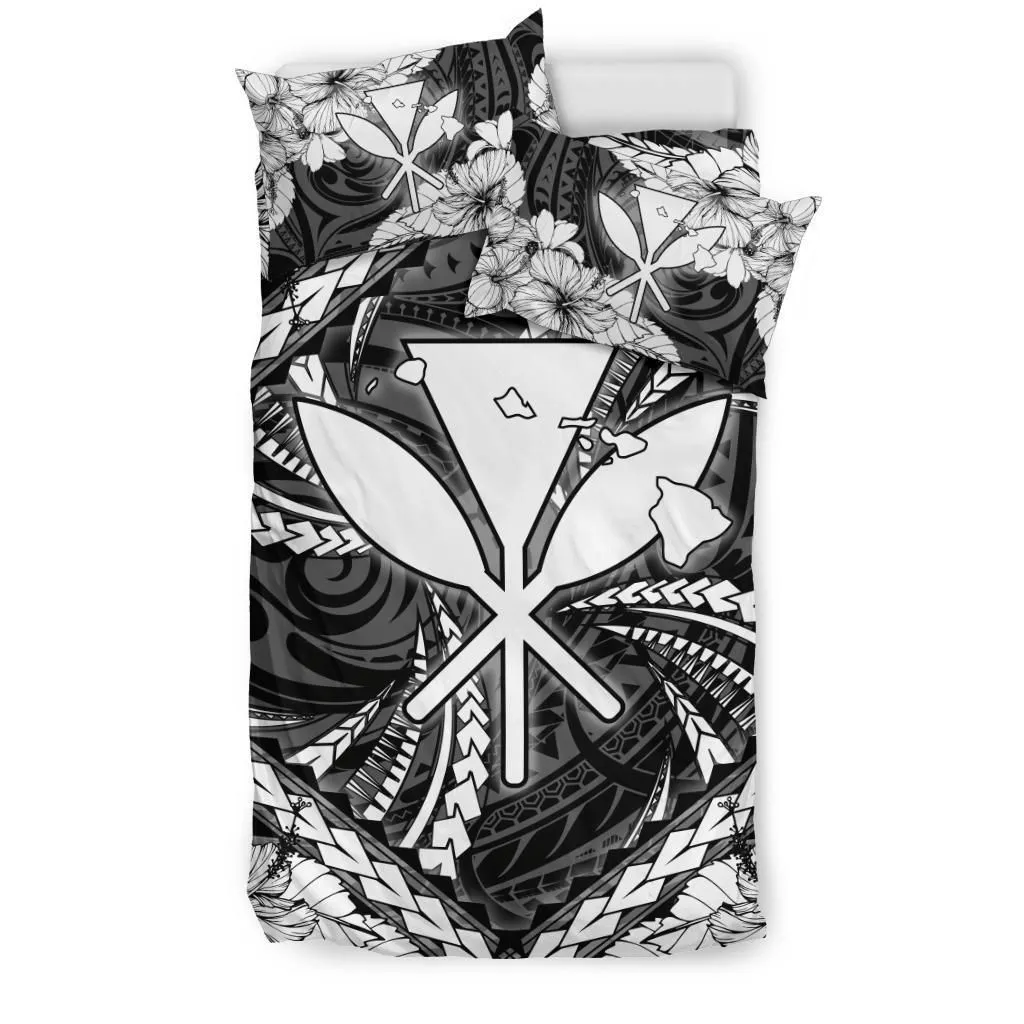 Hawaiian Map Kanaka Hibiscus White Polynesian Bedding Set