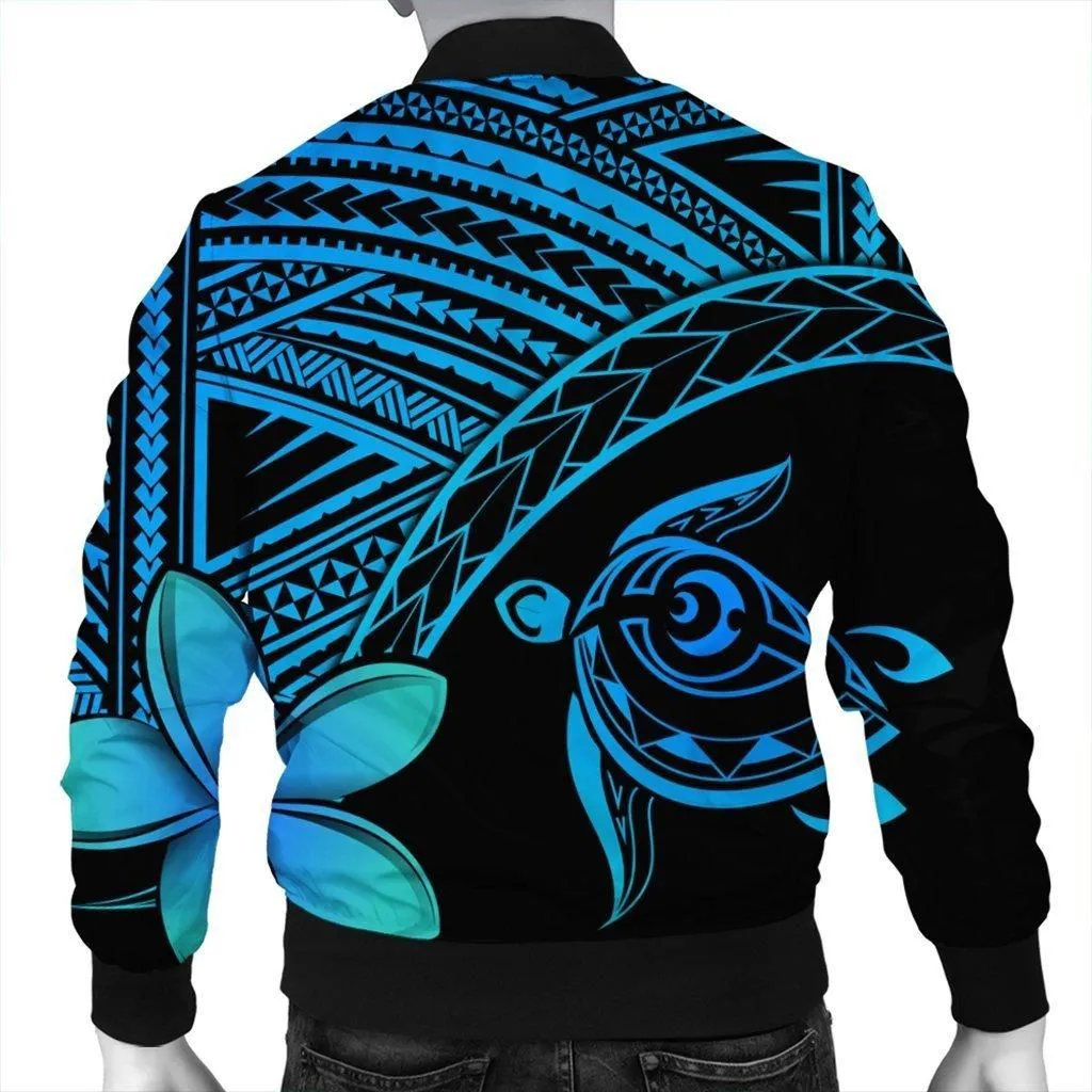Hawaiian Turtle Plumeria Kakau Polynesian Quilt Bomber Jacket Blue