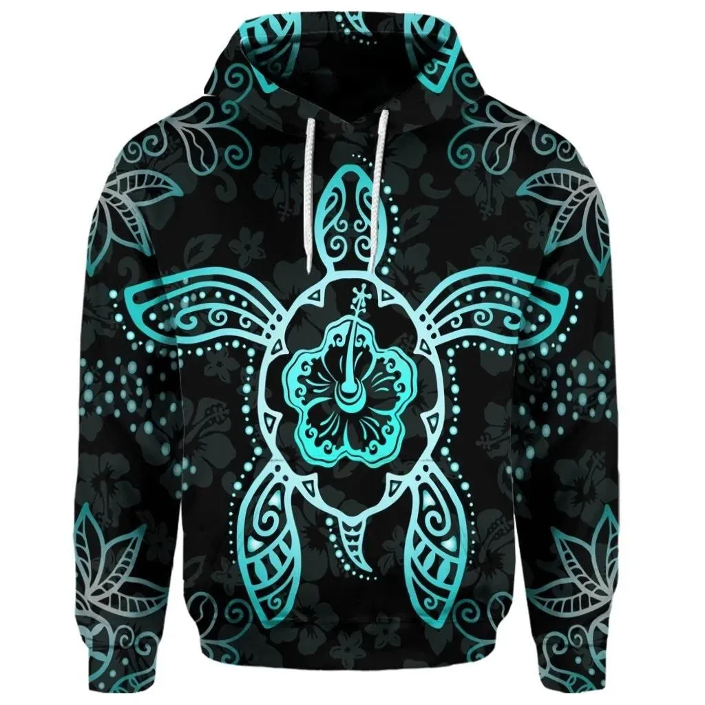 Alohawaii Hoodie - (Personalised) Hawaiian Turtle And Hibiscus Polynesian Hoodie Turquoise - AH - JR