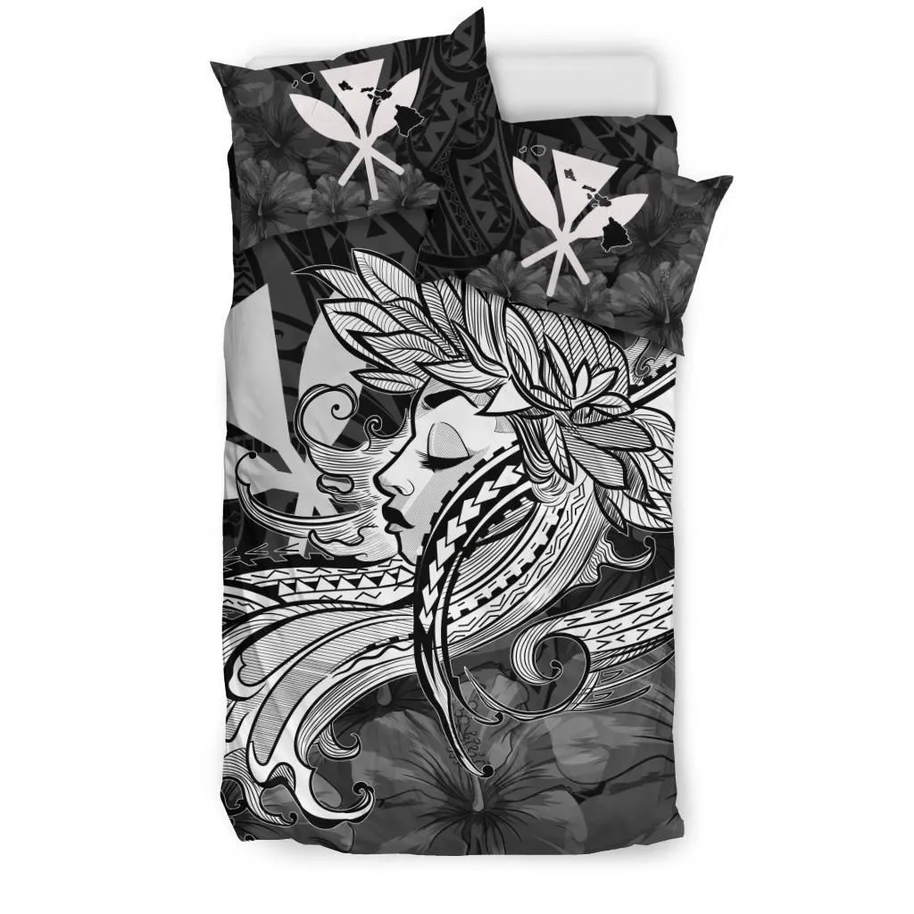 Hawaiian Map Hula Girl Hibiscus Kanaka Polynesian Bedding Set - White