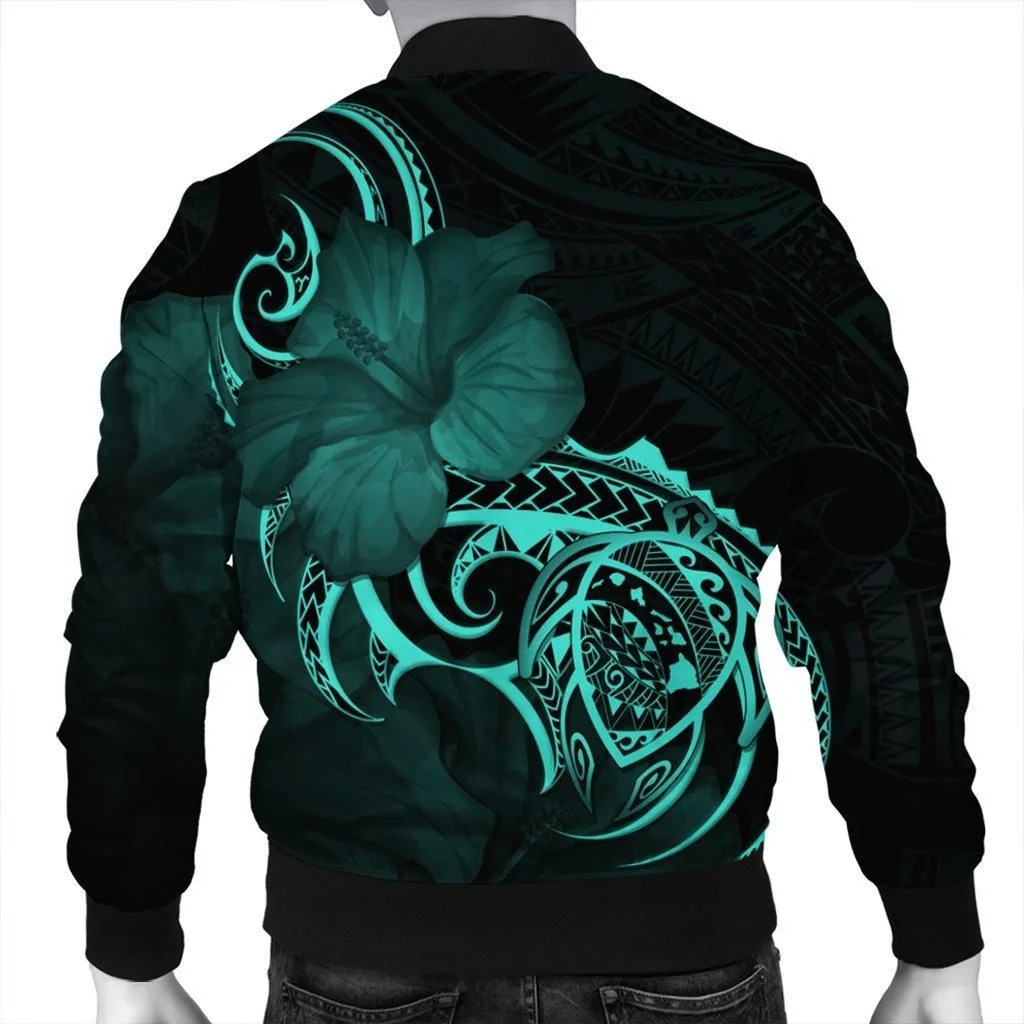 Hawaii Map Turtle Hibiscus Divise Polynesian Bomber Jacket Turquoise - AH