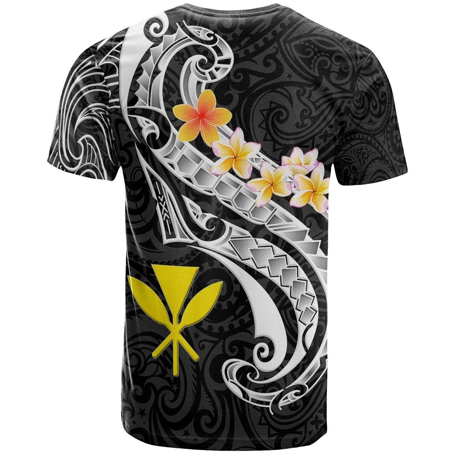 Hawaii Custom Personalised T shirt - Kanaka Maoli Polynesian Patterns Plumeria (Black)