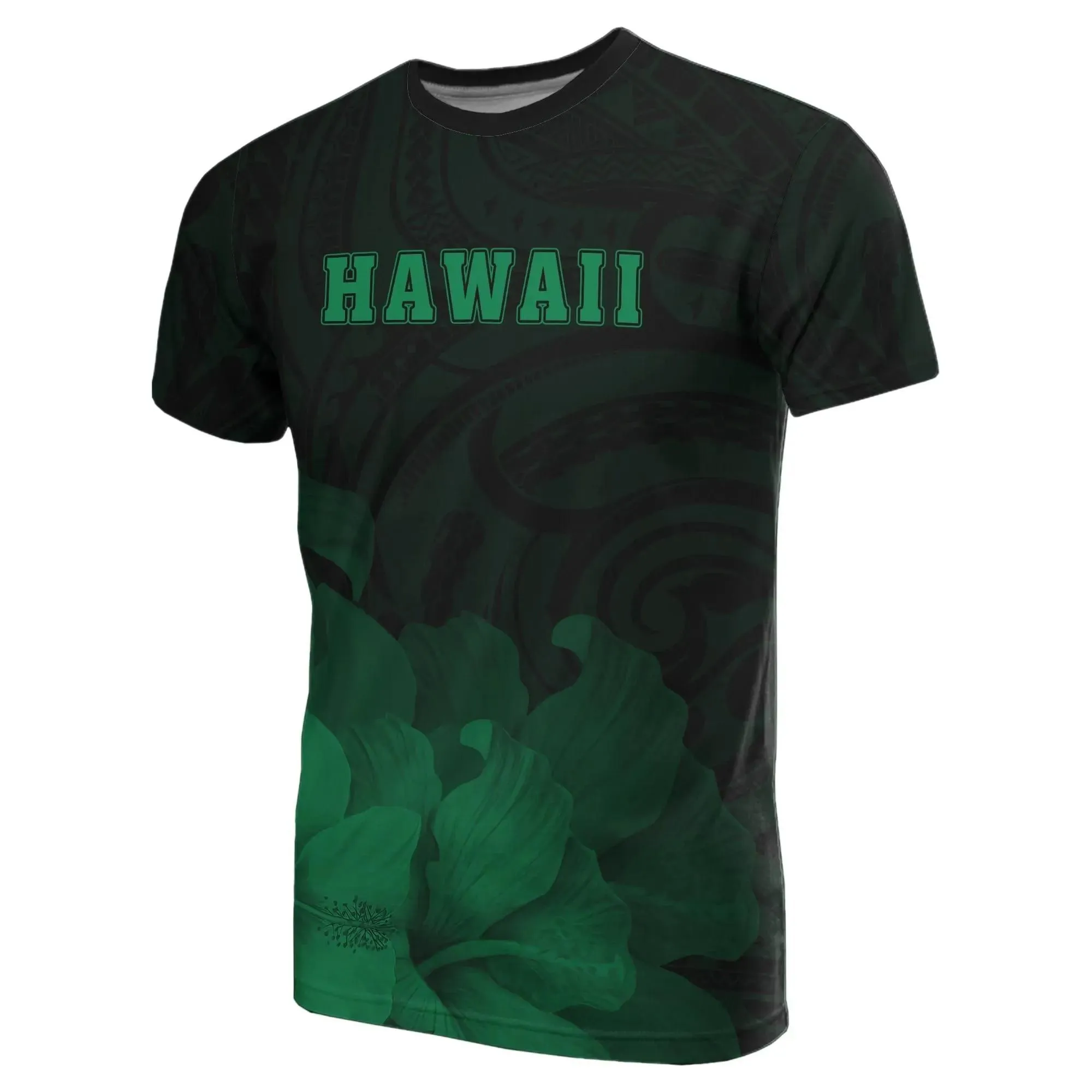 Hawaii State Hibiscus Green Polynesian T-Shirt - Floral Style - AH - J1