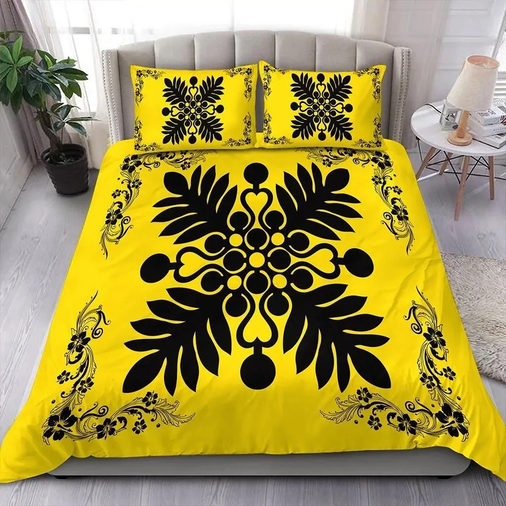 Alohawaii Home Set - Hawaiian Quilt Maui Plant And Hibiscus Pattern Bedding Set - Black Yellow - AH J8