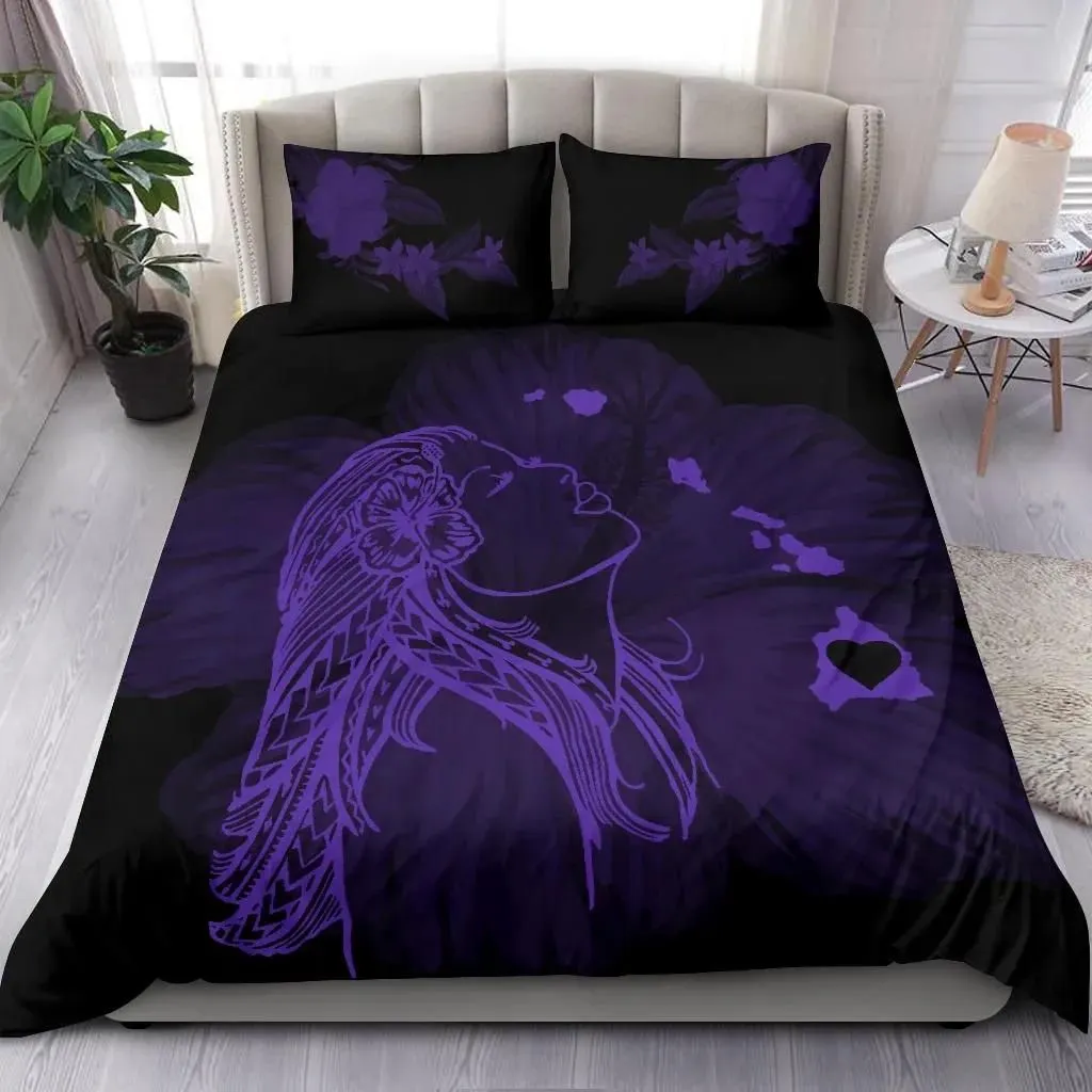 Alohawaii Home Set - Hawaiian Map Heart Hula Girl Hibiscus Polynesian Bedding Set - Purple - AH J4