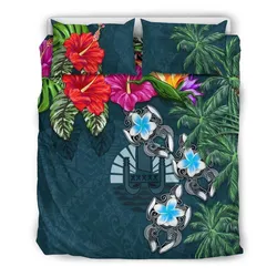 Alohawaii Bedding Set - Cover and Pillow Cases Tahiti - Hibiscus Turtle Tattoo Blue A02