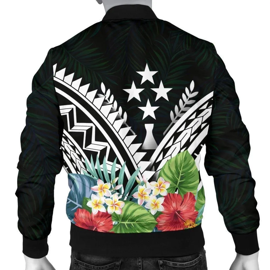Kosrae Mens Bomber Jacket - Kosrae Coat of Arms and Polynesian Tropical Flowers White
