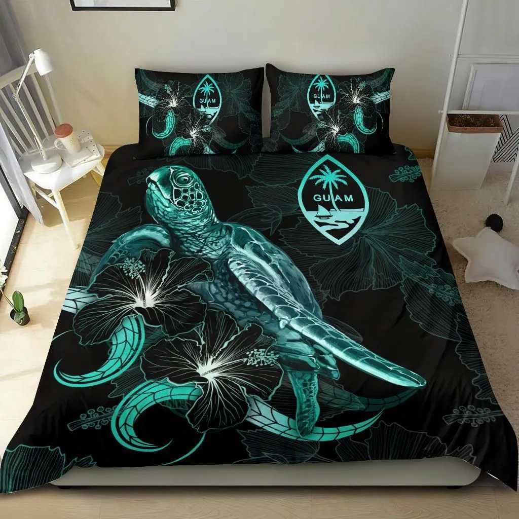 Guam Polynesian Bedding Set - Turtle With Blooming Hibiscus Turquoise