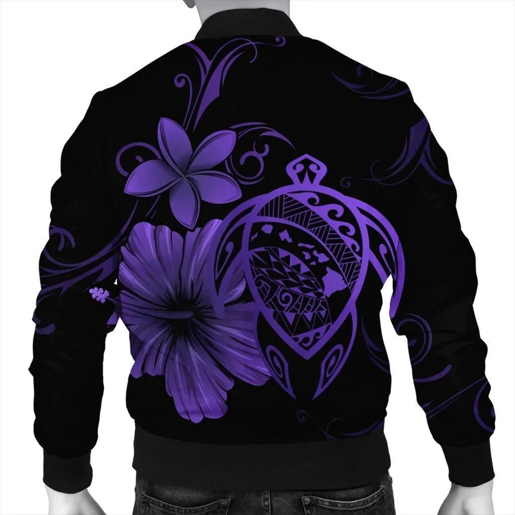 Hawaiian Map Turtle Hibiscus Plumeria Polynesian Bomber Jacket - Purple