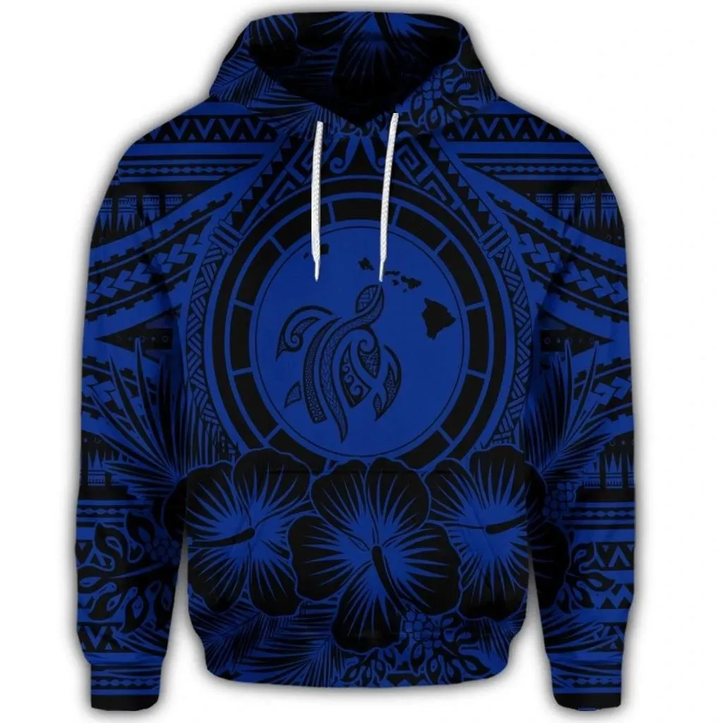 Alohawaii Hoodie - Hawaiian Map Honu Hibiscus Tropic Blue Polynesian Hoodie - AH - JGR
