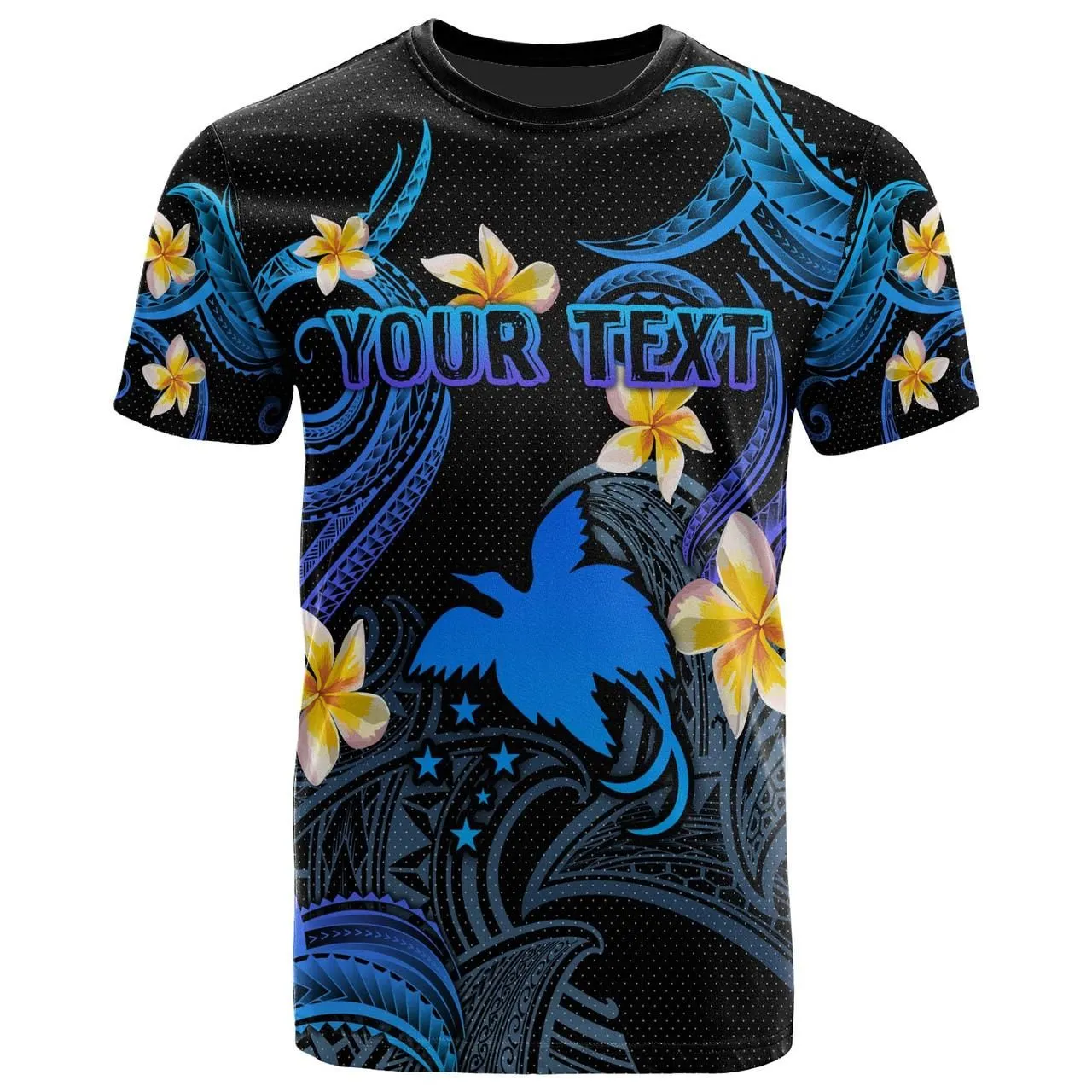 Papua New Guinea T-shirt - Custom Personalised Polynesian Waves with Plumeria Flowers (Blue)