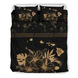 Alohawaii Home Set - Hawaiian Map Hibiscus Turtle Polynesian Black And Gold Bedding Set - AH J2