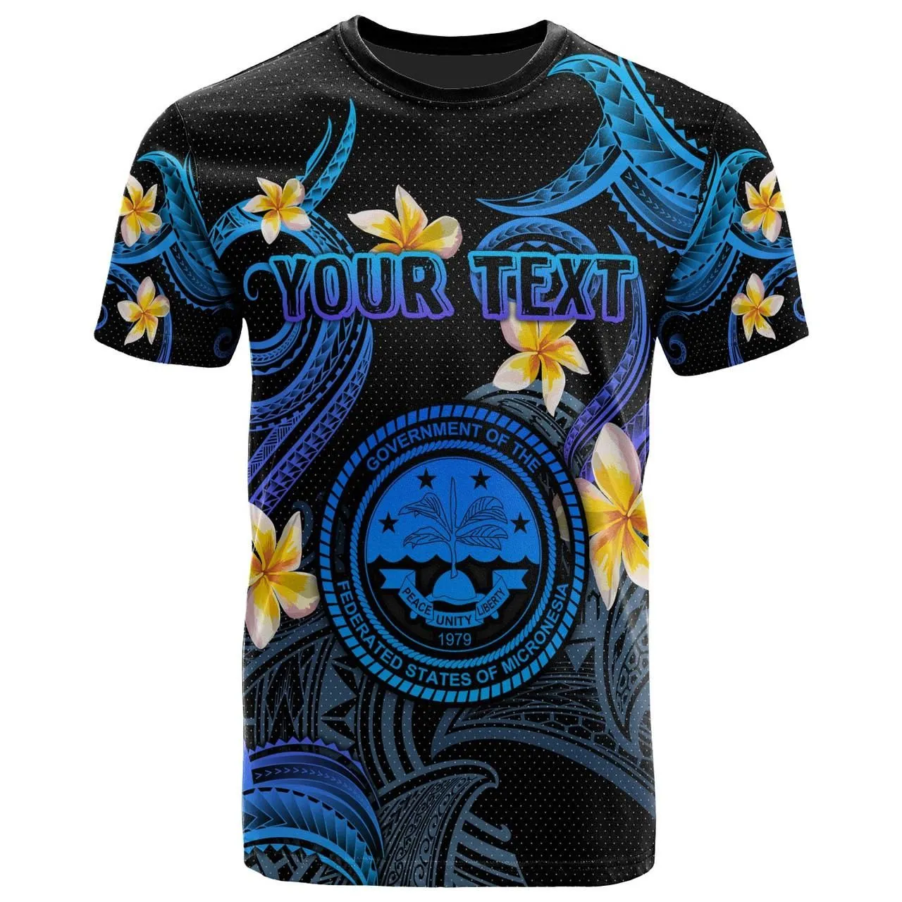 Federated States of Micronesia T-shirt - Custom Personalised Polynesian Waves with Plumeria Flowers (Blue)