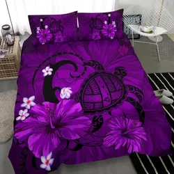 Alohawaii Bedding Set - Cover and Pillow Cases Hawaiian Map Big Turtle Hibiscus Plumeria Tribal Polynesian - Purple - AH J9