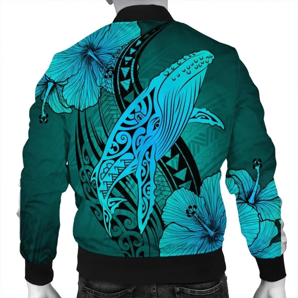 FamilyGater Jacket - Hawaiian Map Whale Swim Hibiscus Polynesian Bomber Jacket - Turquoise - AH - J6R