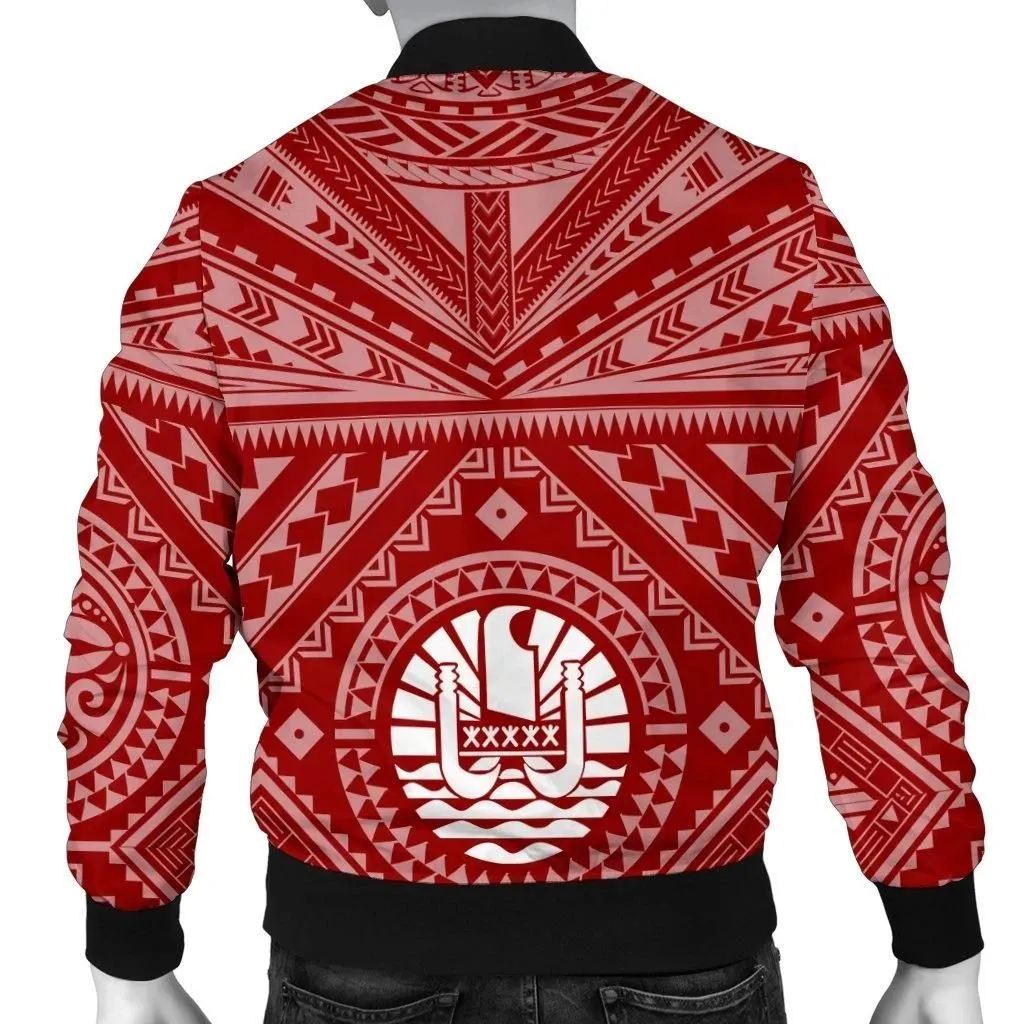 Tahiti Personalised Men's Bomber Jacket - Tahiti Seal In Polynesian Tattoo Style (Red) -BN25