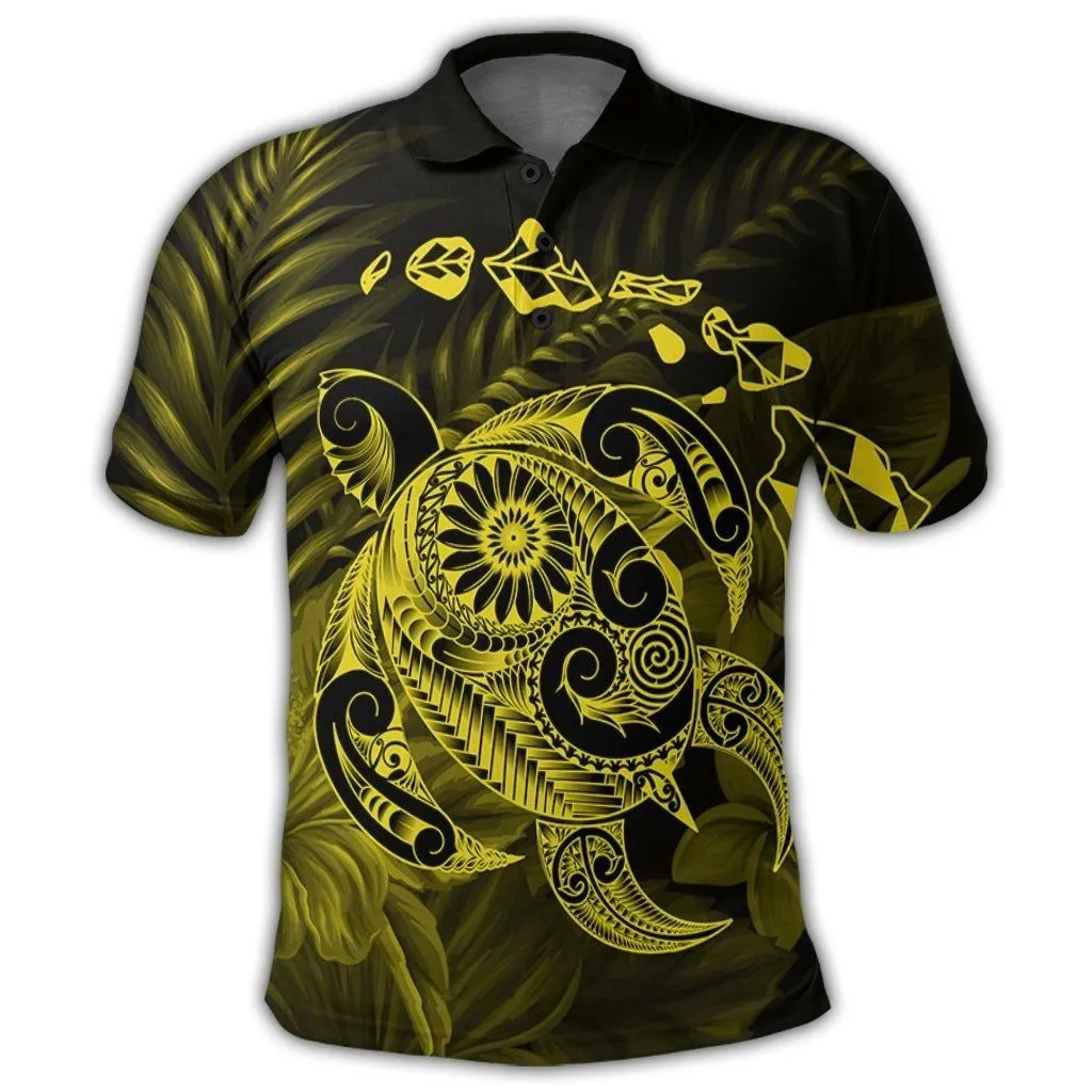 Hawaiian Map Turtle Tattoo Hibiscus Plumeria Polynesian Polo Shirt - Yellow - AH