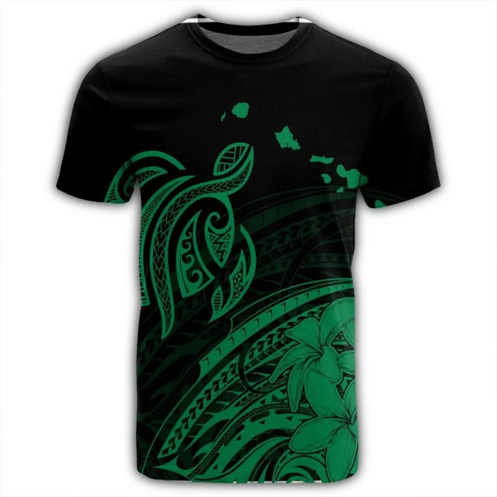 Hawaii Turtle Polynesian Map Plumeria T-Shirt Green - AH