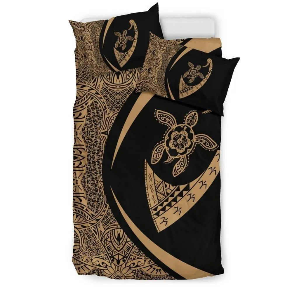 Alohawaii Home Set - Hawaiian Turtle Fish Hook Hibiscus Polynesian Bedding Set - Circle Style Gold - AH - J5