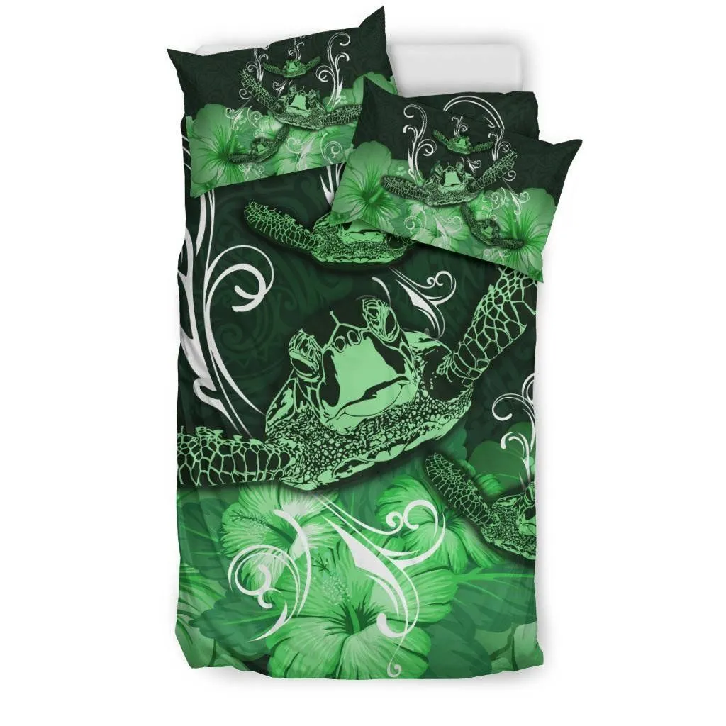 Hawaii Polynesian Turtle Waves Hibiscus Bedding Set - Erik Style - AH - Green - J5