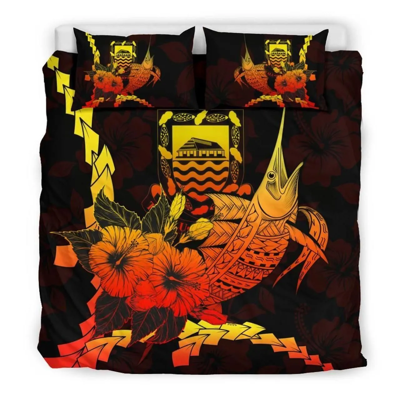 Tuvalu Polynesian Bedding Set - Swordfish With Hibiscus