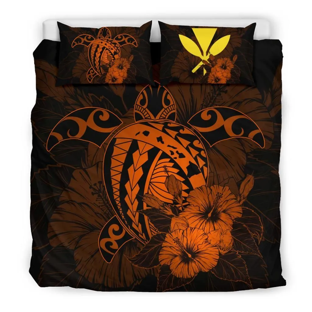FamilyGater Bedding Set - Cover and Pillow Cases Hawaiian Map Hibiscus Kanaka Polynesian - Harold Turtle - Orange - AH J9