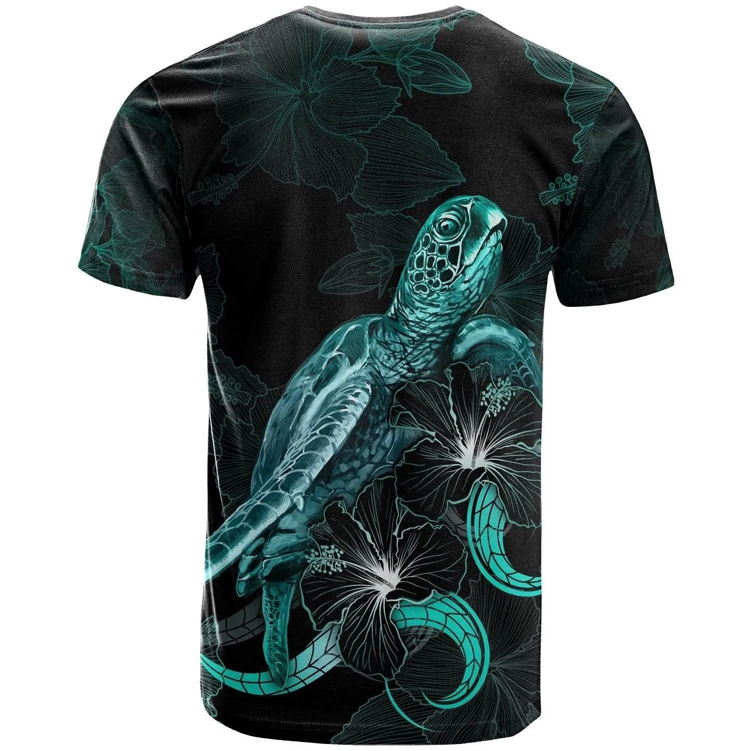 New Caledonia Polynesian T shirt - Turtle With Blooming Hibiscus Turquoise
