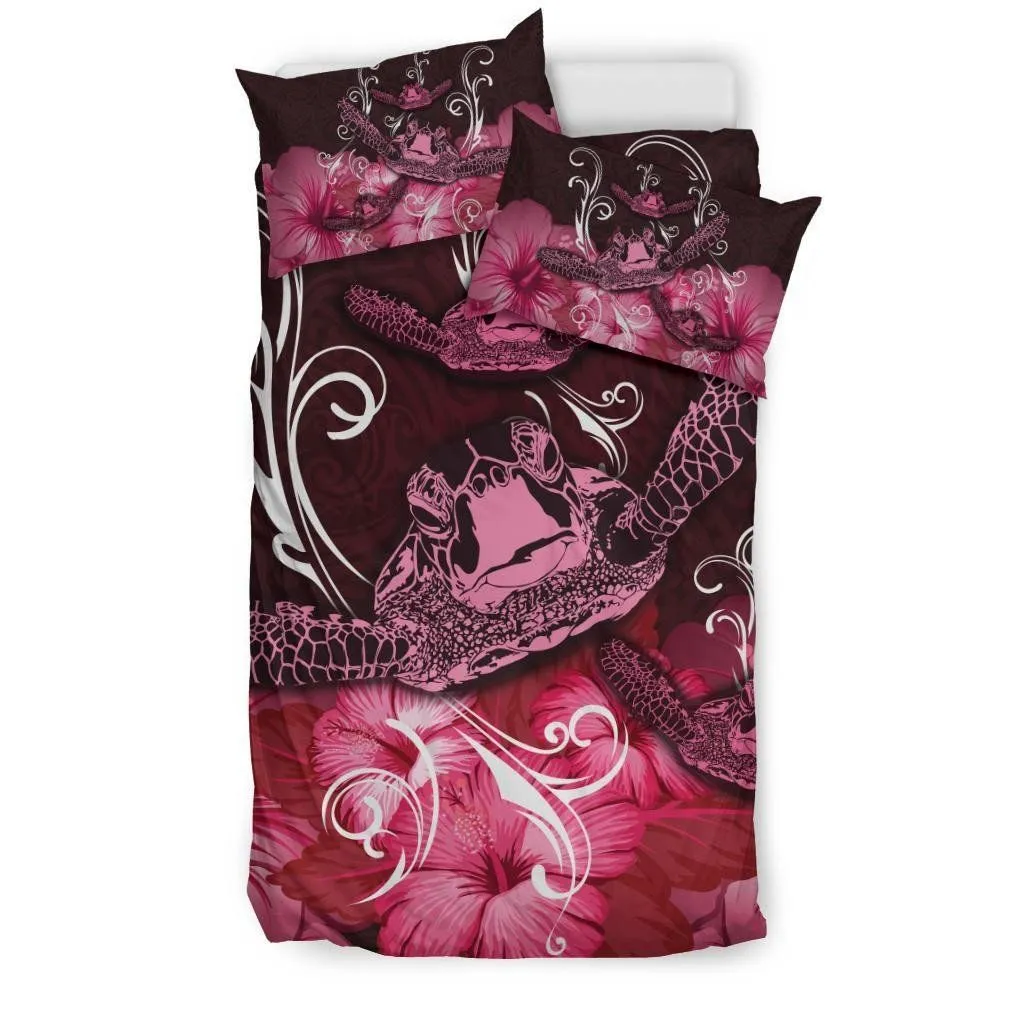 FamilyGater Bedding Set - Cover and Pillow Cases Hawaii Polynesian Turtle Waves Hibiscus - Erik Style - AH - Pink - J5