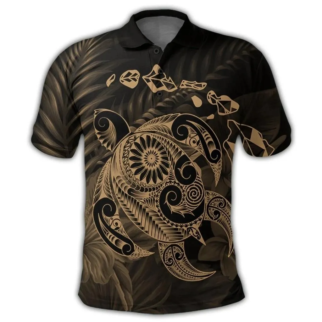 Alohawaii Shirt - Hawaiian Map Turtle Tattoo Hibiscus Plumeria Polynesian Polo Shirt - Gold - AH - J4R