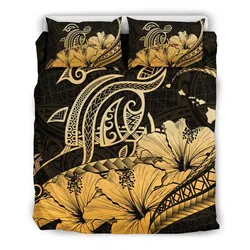 Hawaiian Map Hibiscus Turtle Polynesian Bedding Set Gold - AH - J1