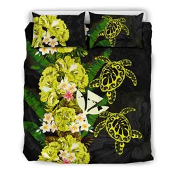 Kanaka Maoli (Hawaiian) Bedding Set - Polynesian Hibiscus Turtle Palm Leaves Yellow A02
