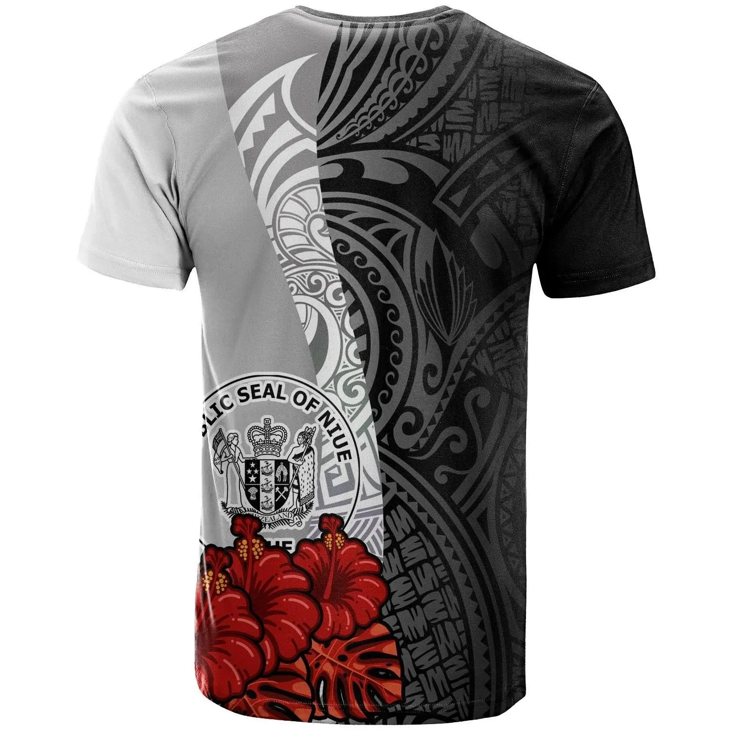 Niue Polynesian T-Shirt - Coat Of Arms With Hibiscus White - BN12
