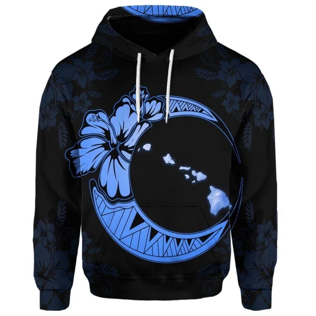 (Personalised) Hawaiian Map Hibiscus Turtle Polynesian Moon Hoodie Blue - AH