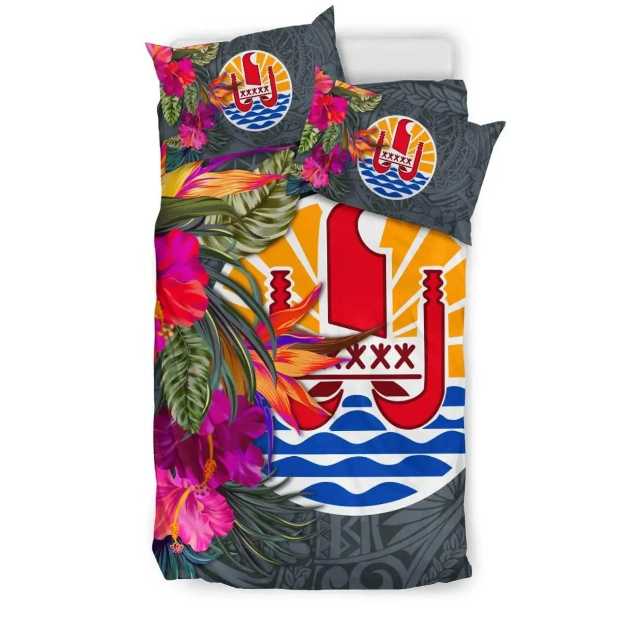 Tahiti Bedding Set - Hibiscus Polynesian Pattern Gray Version