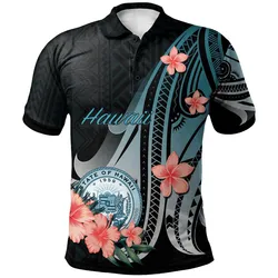 Hawaii Polo Shirt - Turquoise Polynesian Hibiscus Pattern Style