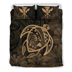 Hawaiian Map Turtle Kanaka Hibiscus Polynesian Bedding Set - Gold - AH J4