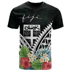 Fiji Polynesian T-Shirts -Fiji Coat of Arms & Polynesian Tropical Flowers White