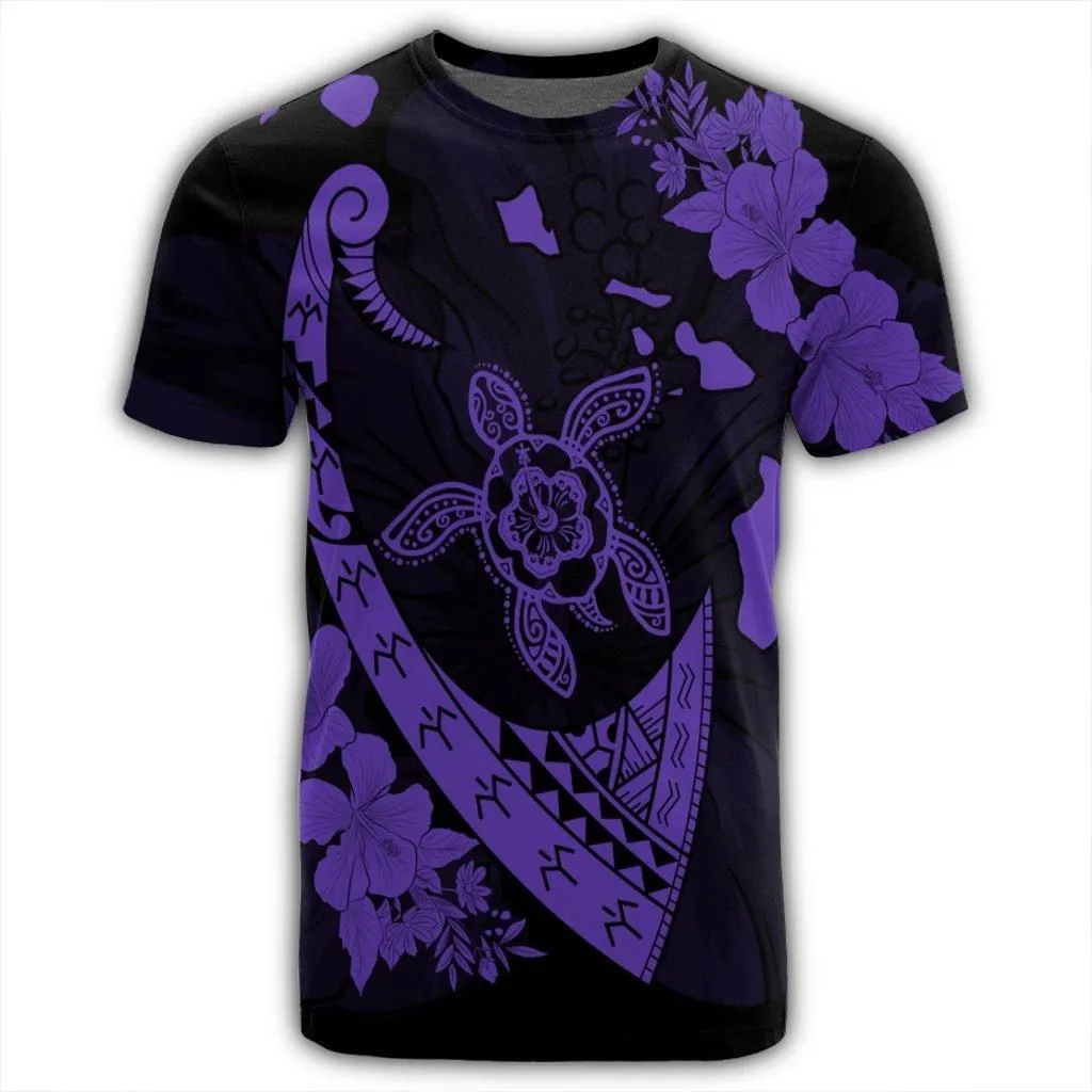 Hawaiian Map Hibiscus Turtle Fish Hook Polynesian T-Shirt Purple - AH