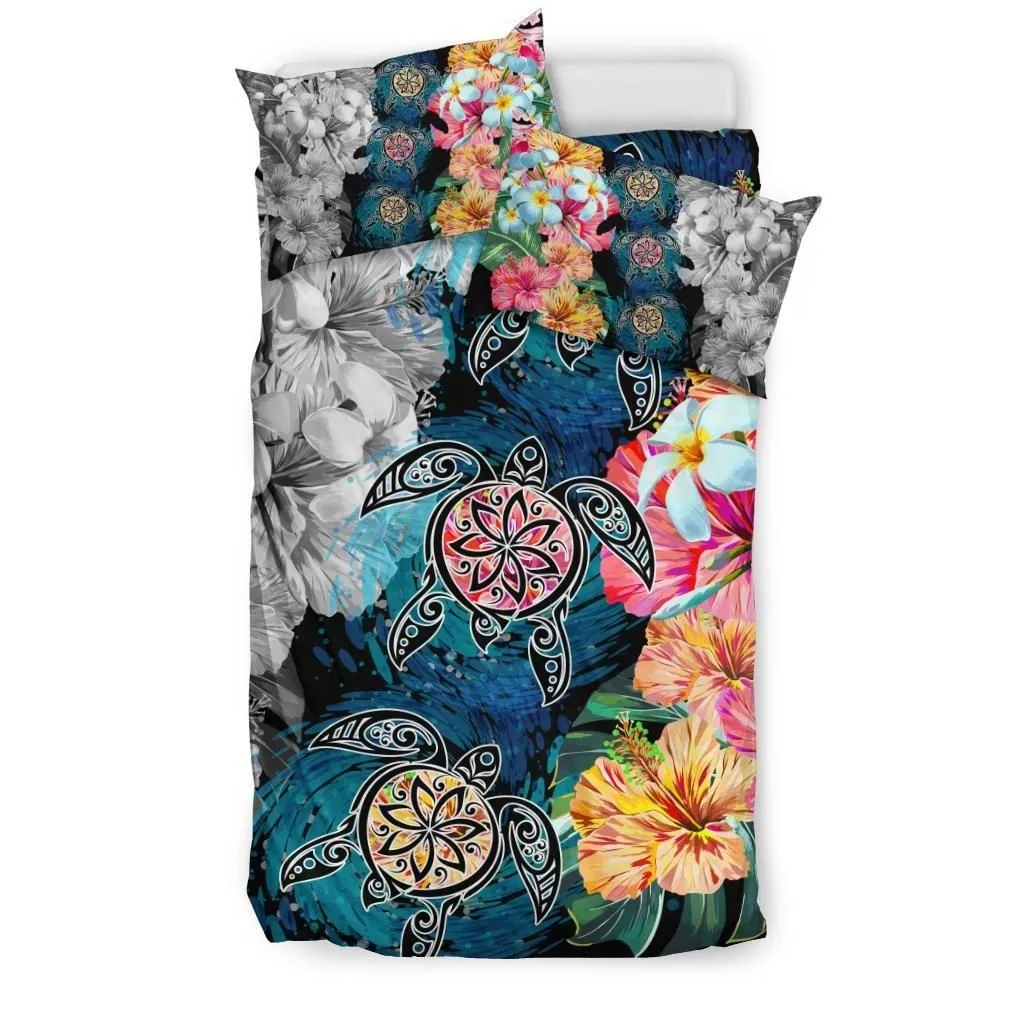 FamilyGater Home Set - Hawaiian Turtle Swimming Wave Plumeria Hibiscus Polynesian Bedding Set - Garden Style - AH - J5