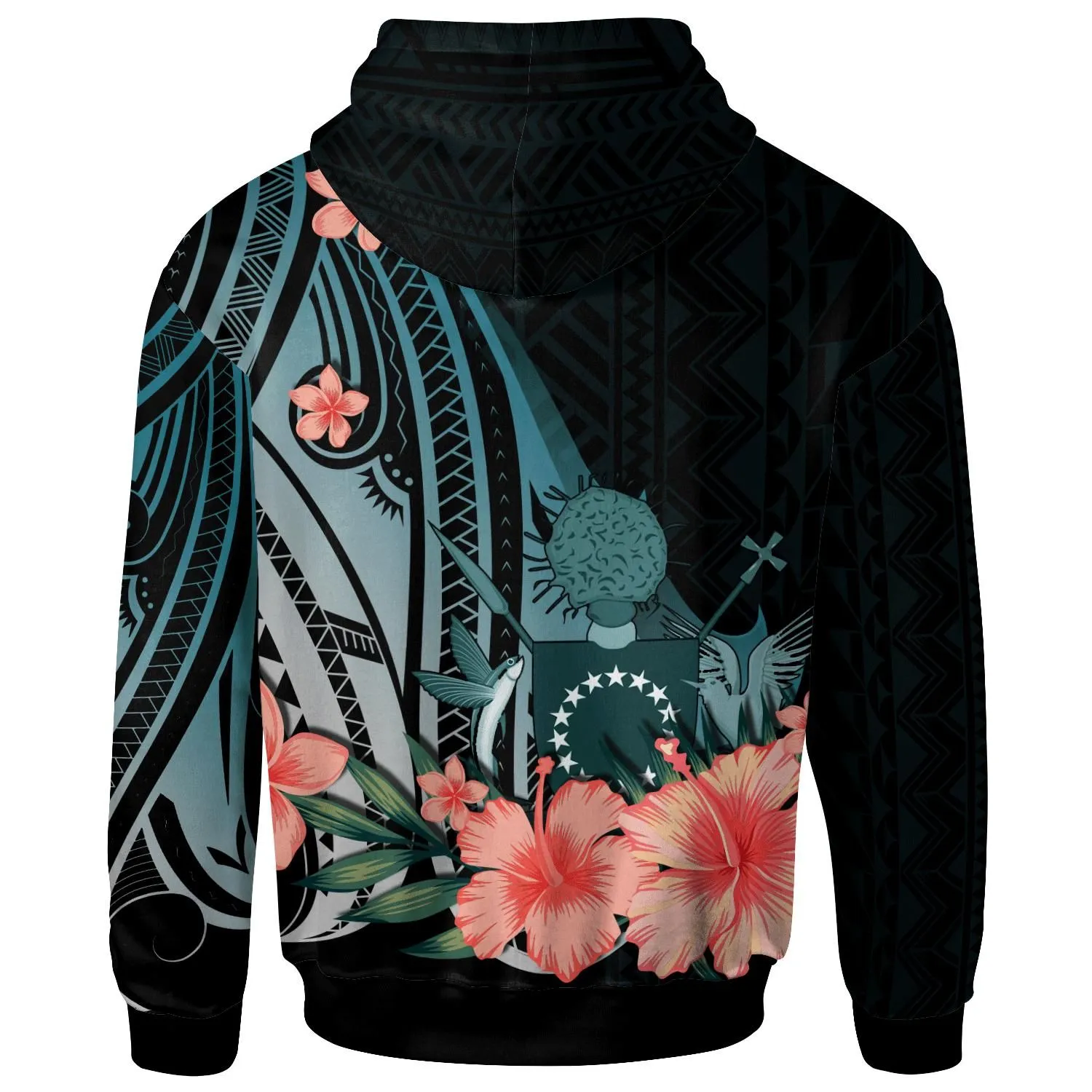 Cook Islands Hoodie - Turquoise Polynesian Hibiscus Pattern Style