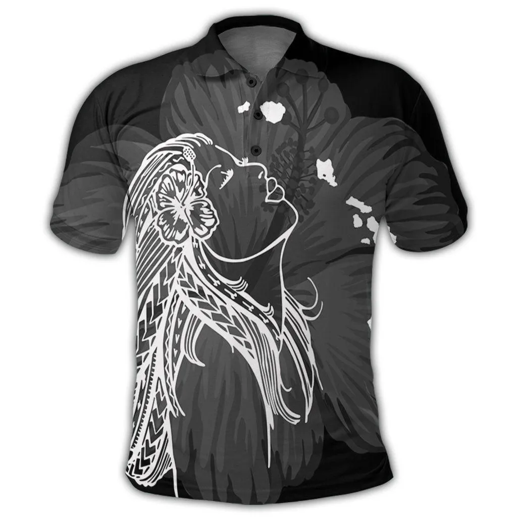 Hawaiian Map Heart Hula Girl Hibiscus White Polynesian Polo Shirt - AH