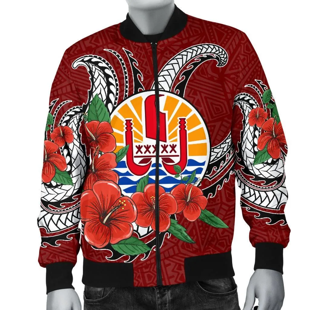 Tahiti Polynesian Men Bomber Jacket - Hibiscus Coat of Arm Red - BN11