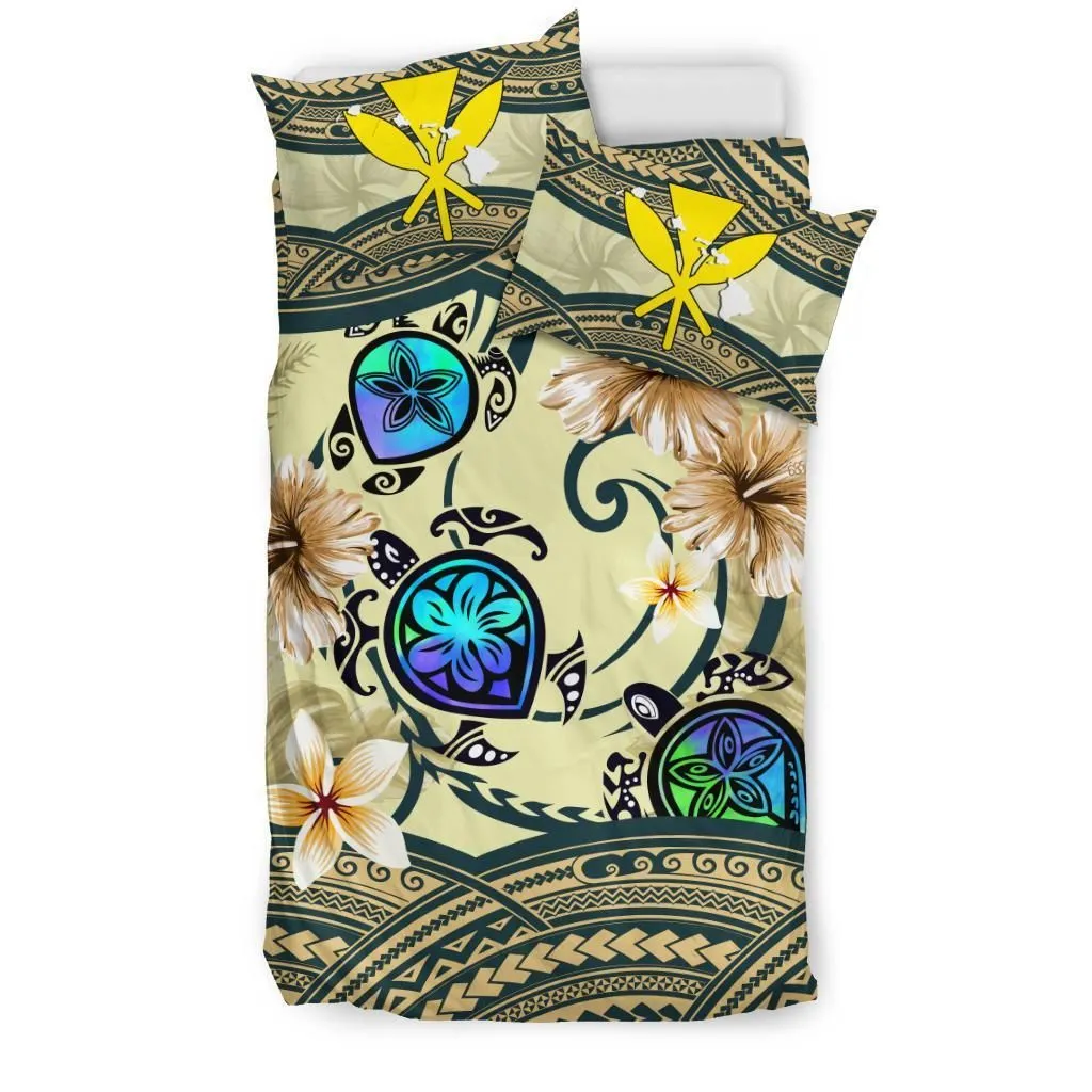 Kanaka Maoli (Hawaiian) Bedding Set Polynesian Turtle Hibiscus Beige