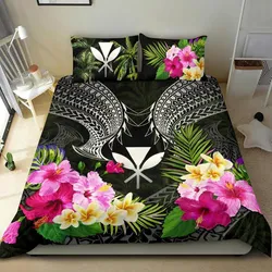 Polynesian Bedding Set - Hawaii Duvet Cover White Kanaka Maoli Hibiscus Plumeria Coconut