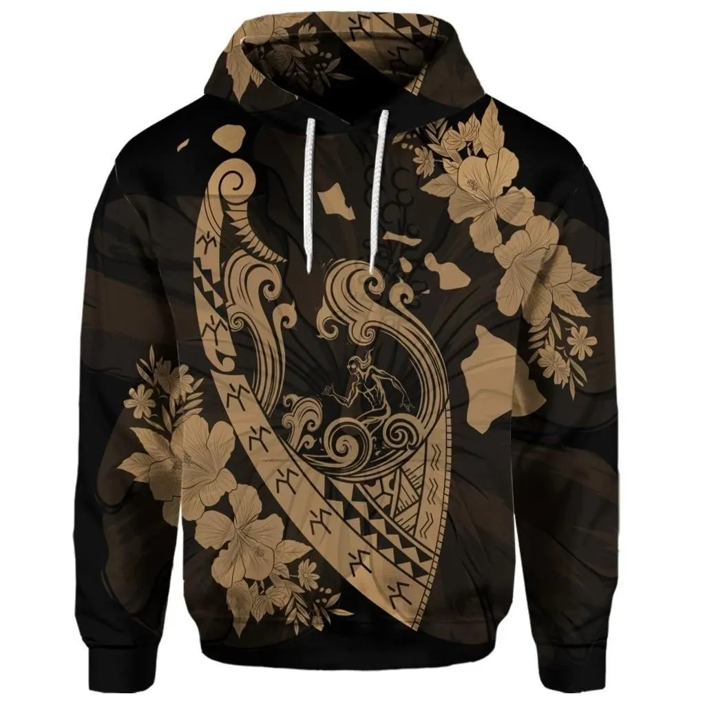 Alohawaii Hoodie - (Personalised) Hawaiian Fish Hook Hibiscus Banzai Surfing Polynesian Hoodie Gold - AH - J5R