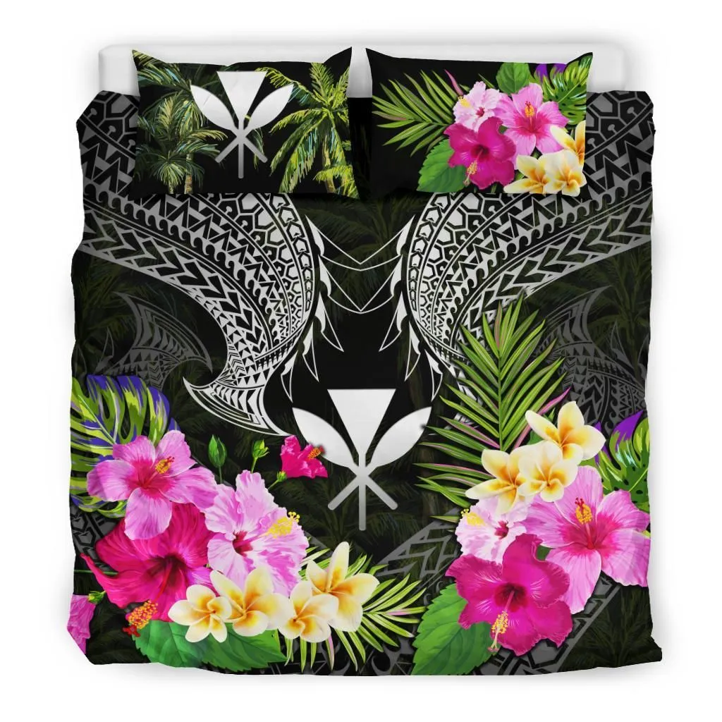 Polynesian Bedding Set - Hawaii Duvet Cover White Kanaka Maoli Hibiscus Plumeria Coconut