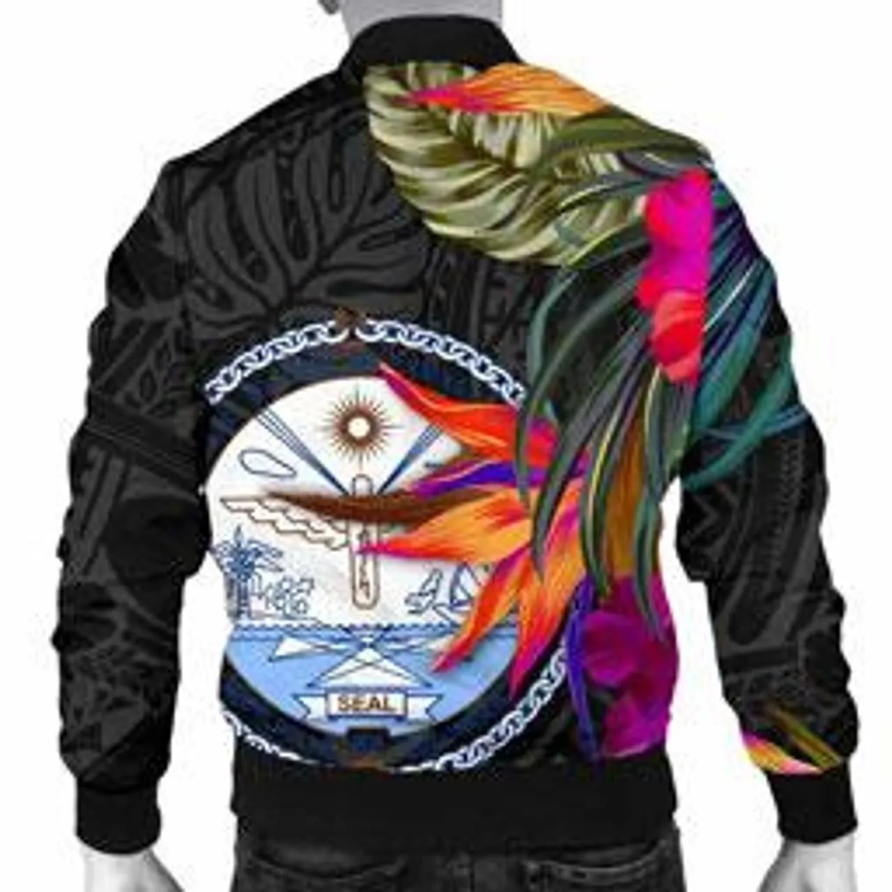 Marshall Islands Men Bomber Jacket - Hibiscus Polynesian Pattern