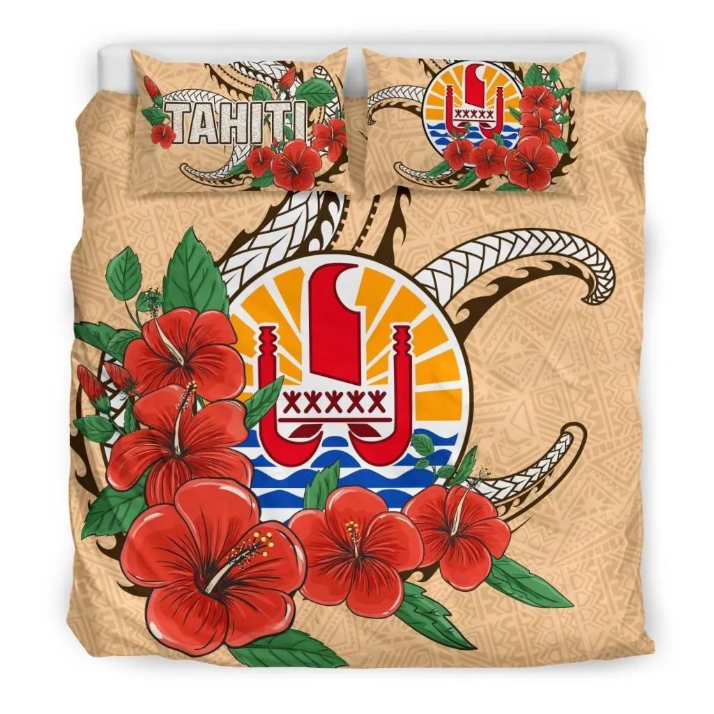 Alohawaii Bedding Set - Cover and Pillow Cases Polynesian - Tahiti - Hibiscus Coat of Arm Beige - BN11
